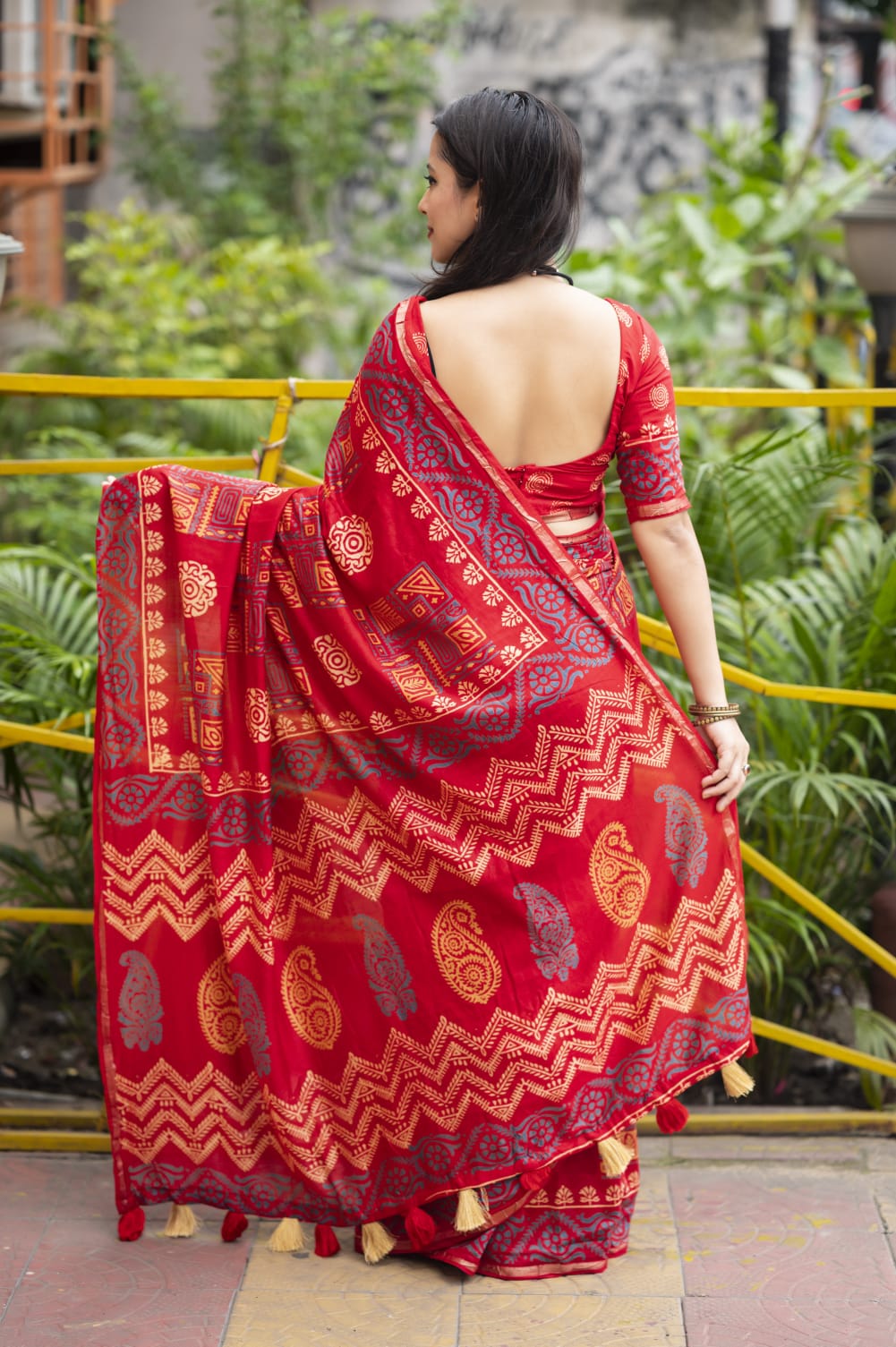 Ajrakh Hand Block Printed Pure Chanderi Cotton Saree With Zari Woven Pattu Border in Red Color