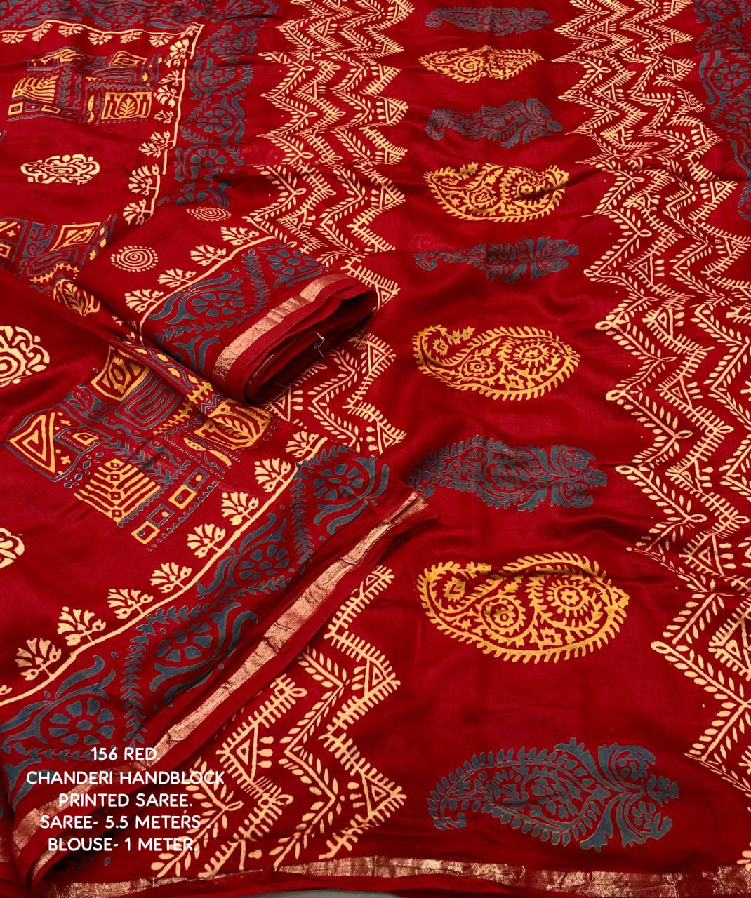 Ajrakh Hand Block Printed Pure Chanderi Cotton Saree With Zari Woven Pattu Border in Red Color