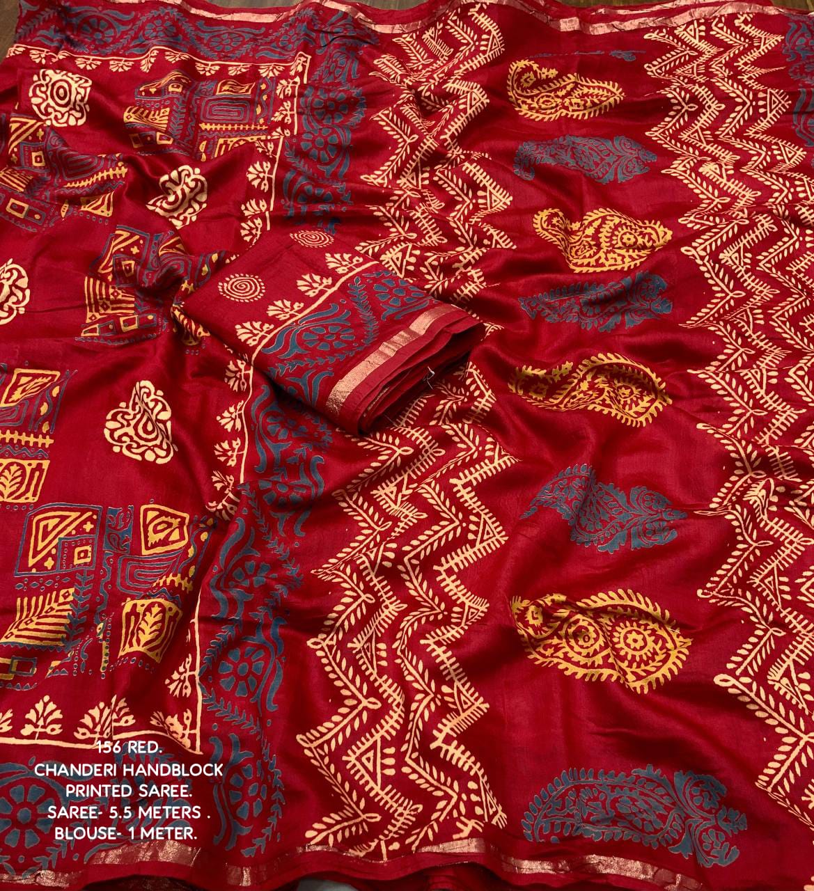 Ajrakh Hand Block Printed Pure Chanderi Cotton Saree With Zari Woven Pattu Border in Red Color