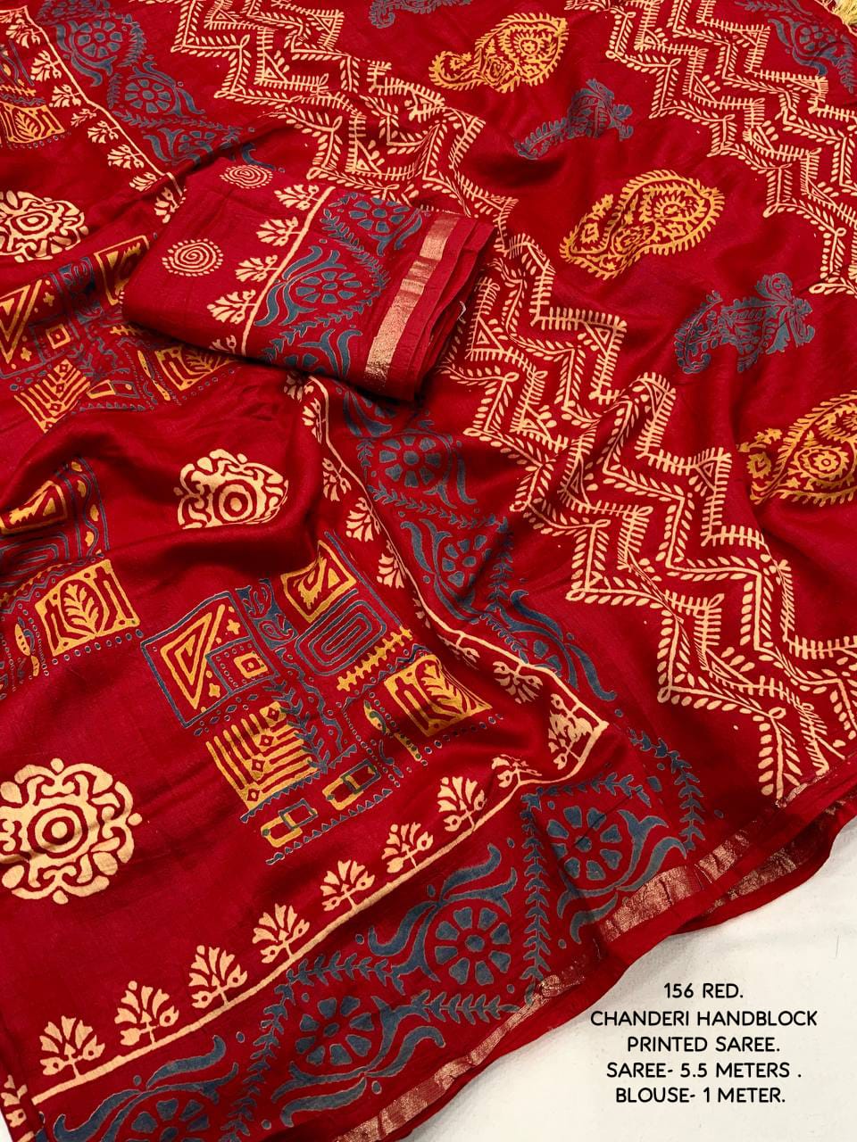 Ajrakh Hand Block Printed Pure Chanderi Cotton Saree With Zari Woven Pattu Border in Red Color