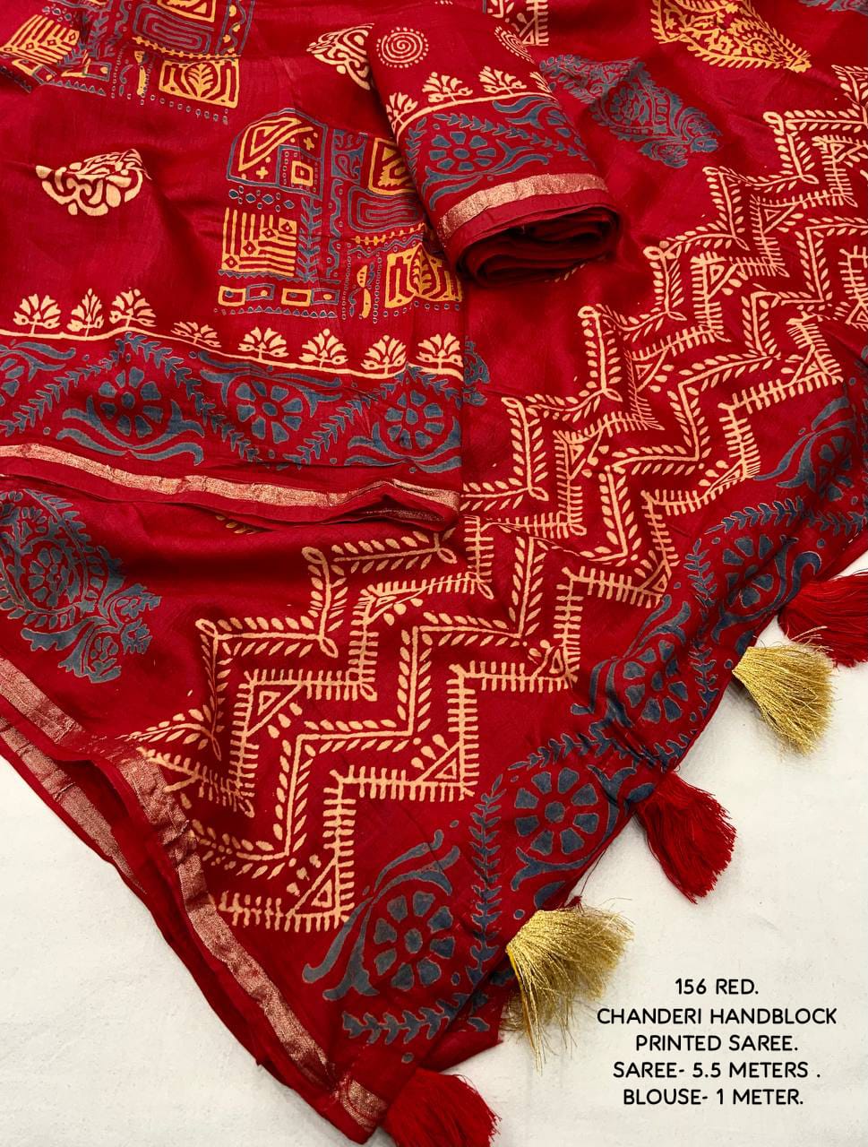 Ajrakh Hand Block Printed Pure Chanderi Cotton Saree With Zari Woven Pattu Border in Red Color