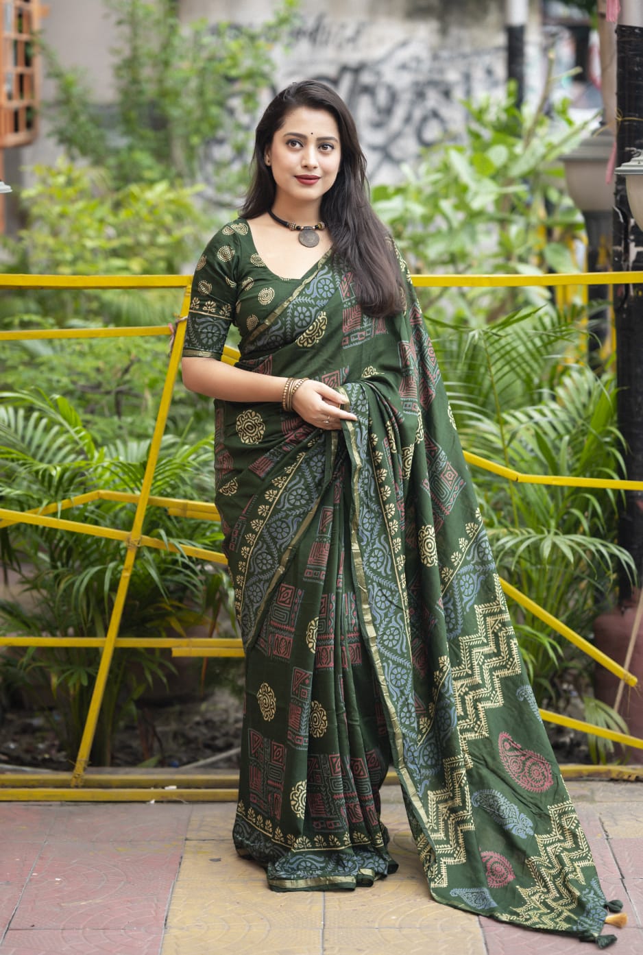 Ajrakh Hand Block Printed Pure Chanderi Cotton Saree With Zari Woven Pattu Border in Green Color