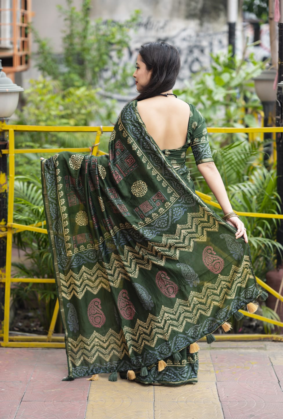 Ajrakh Hand Block Printed Pure Chanderi Cotton Saree With Zari Woven Pattu Border in Green Color