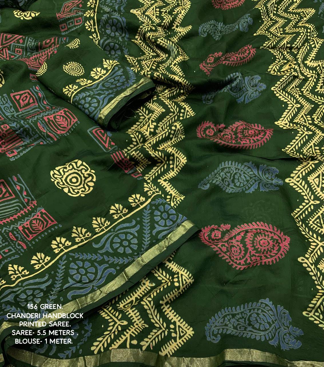 Ajrakh Hand Block Printed Pure Chanderi Cotton Saree With Zari Woven Pattu Border in Green Color