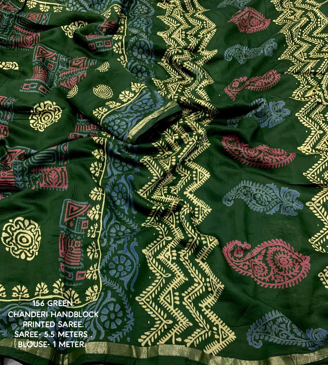 Ajrakh Hand Block Printed Pure Chanderi Cotton Saree With Zari Woven Pattu Border in Green Color