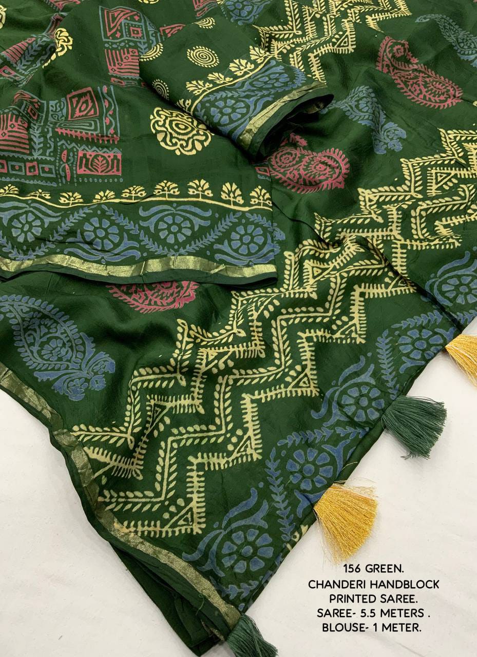 Ajrakh Hand Block Printed Pure Chanderi Cotton Saree With Zari Woven Pattu Border in Green Color