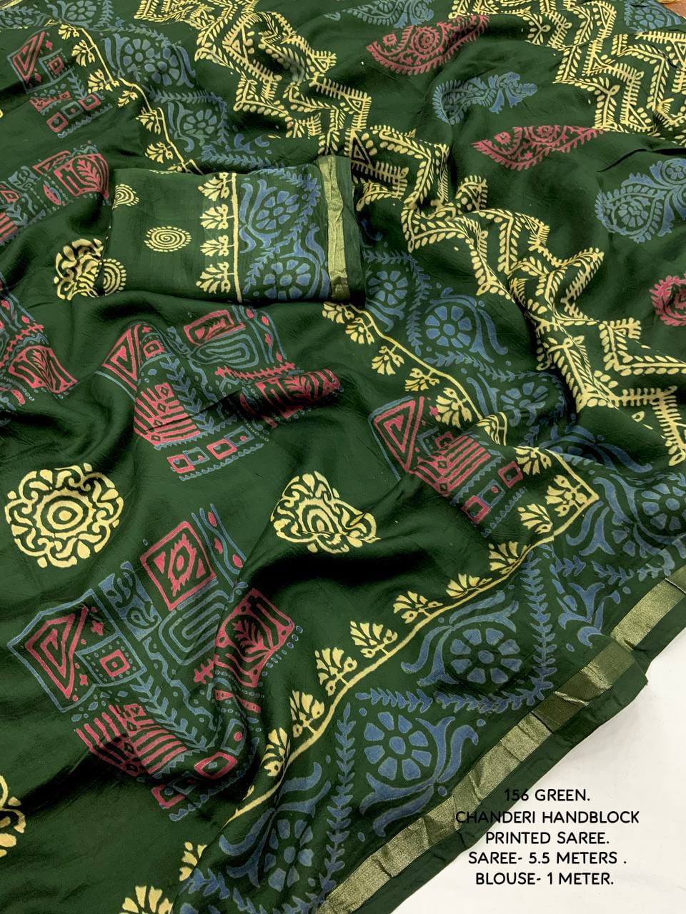 Ajrakh Hand Block Printed Pure Chanderi Cotton Saree With Zari Woven Pattu Border in Green Color