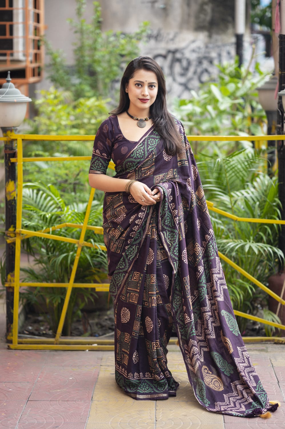 Ajrakh Hand Block Printed Pure Chanderi Cotton Saree With Zari Woven Pattu Border in Jamali Color