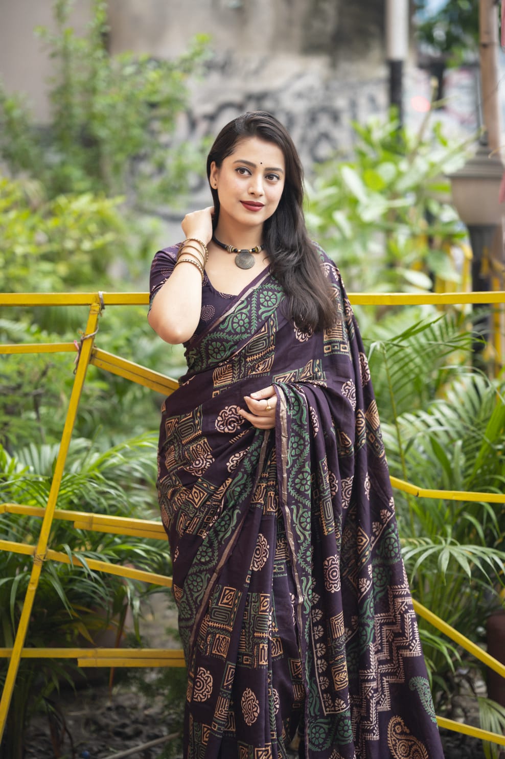 Ajrakh Hand Block Printed Pure Chanderi Cotton Saree With Zari Woven Pattu Border in Jamali Color