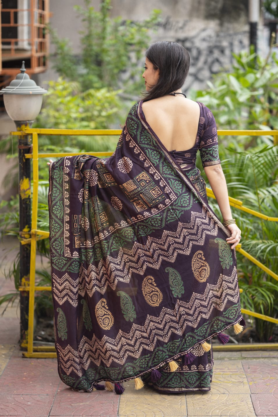 Ajrakh Hand Block Printed Pure Chanderi Cotton Saree With Zari Woven Pattu Border in Jamali Color