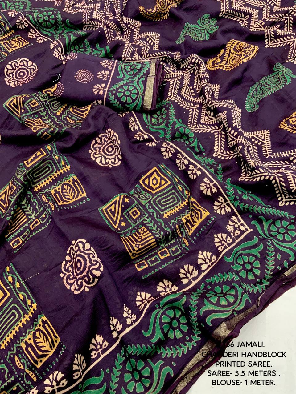 Ajrakh Hand Block Printed Pure Chanderi Cotton Saree With Zari Woven Pattu Border in Jamali Color