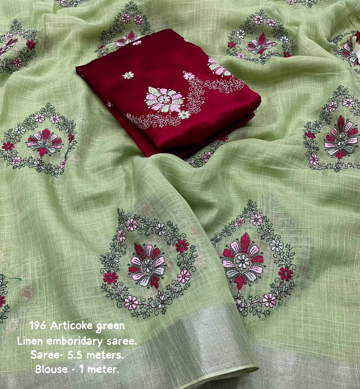 Articoke Green Color Soft Linen Saree With Silver Zari Woven Pattu Border