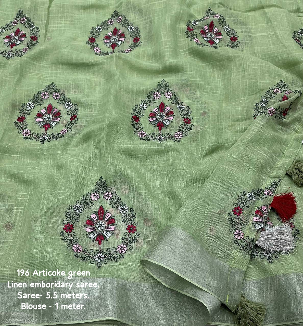 Articoke Green Color Soft Linen Saree With Silver Zari Woven Pattu Border