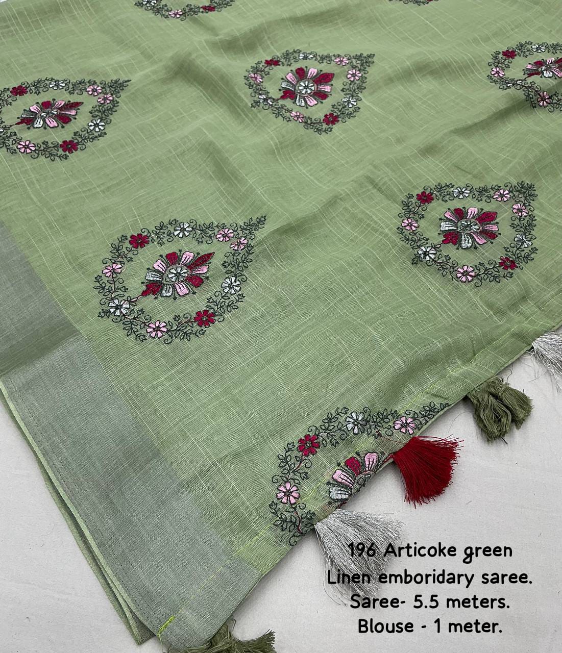 Articoke Green Color Soft Linen Saree With Silver Zari Woven Pattu Border