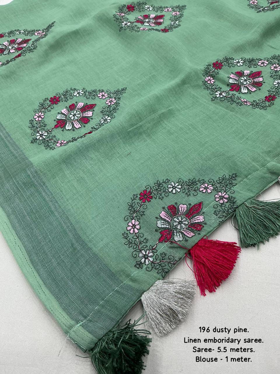 Dusty Pine Color Soft Linen Saree With Silver Zari Woven Pattu Border