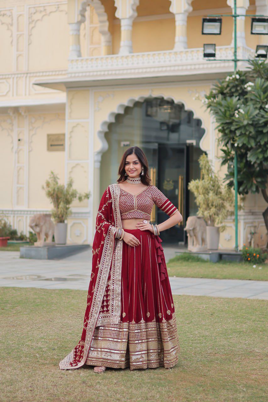 Embroidered Georgette Lehenga in Maroon