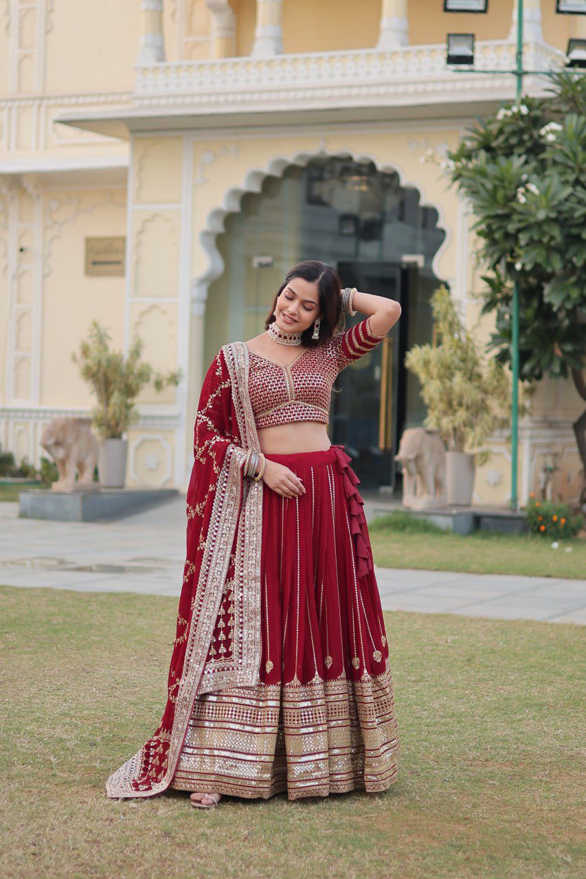 Embroidered Georgette Lehenga in Maroon