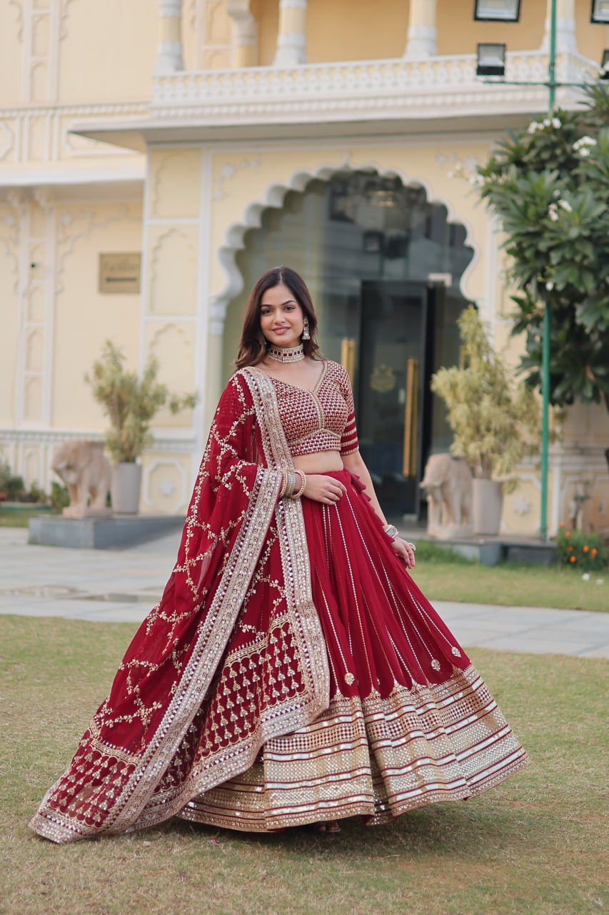 Embroidered Georgette Lehenga in Maroon