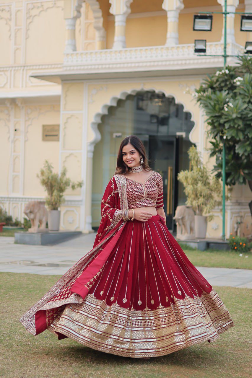 Embroidered Georgette Lehenga in Maroon