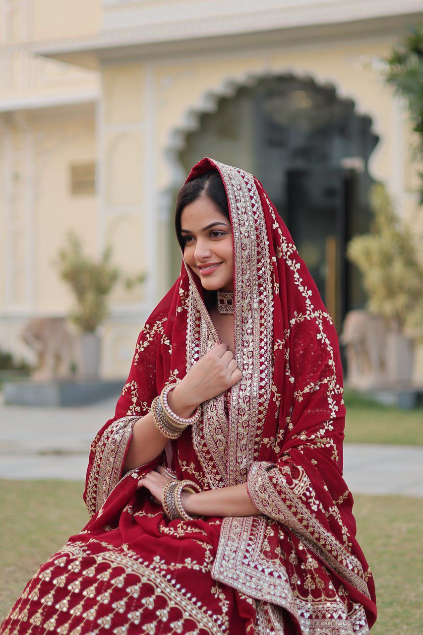 Embroidered Georgette Lehenga in Maroon