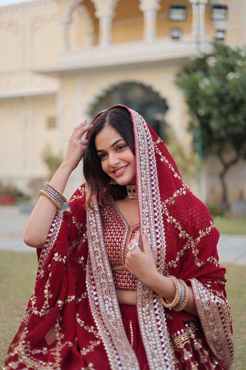 Embroidered Georgette Lehenga in Maroon