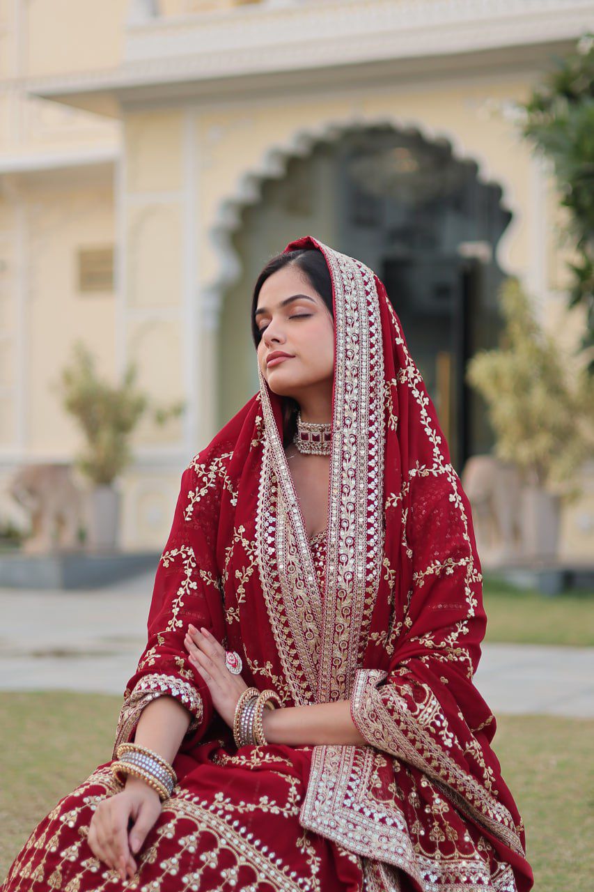 Embroidered Georgette Lehenga in Maroon