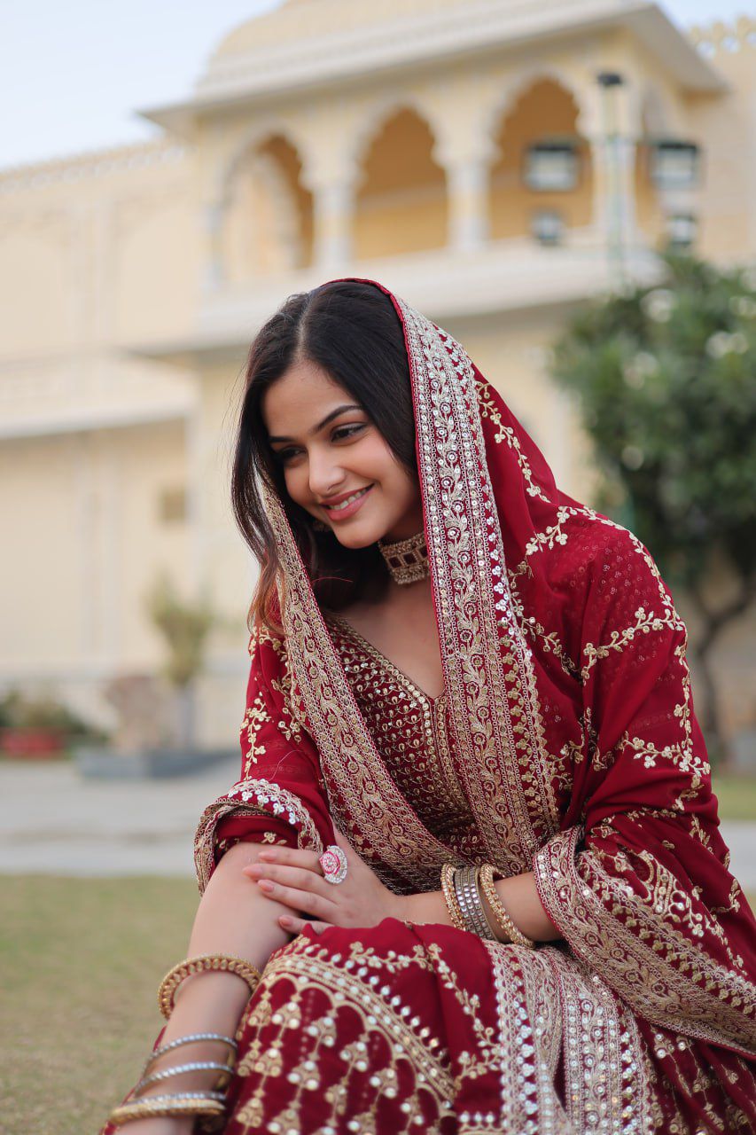 Embroidered Georgette Lehenga in Maroon