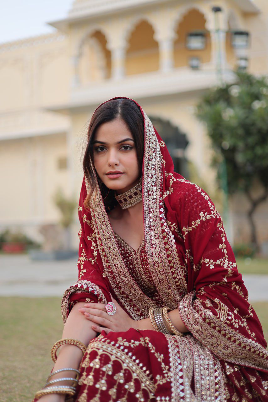 Embroidered Georgette Lehenga in Maroon