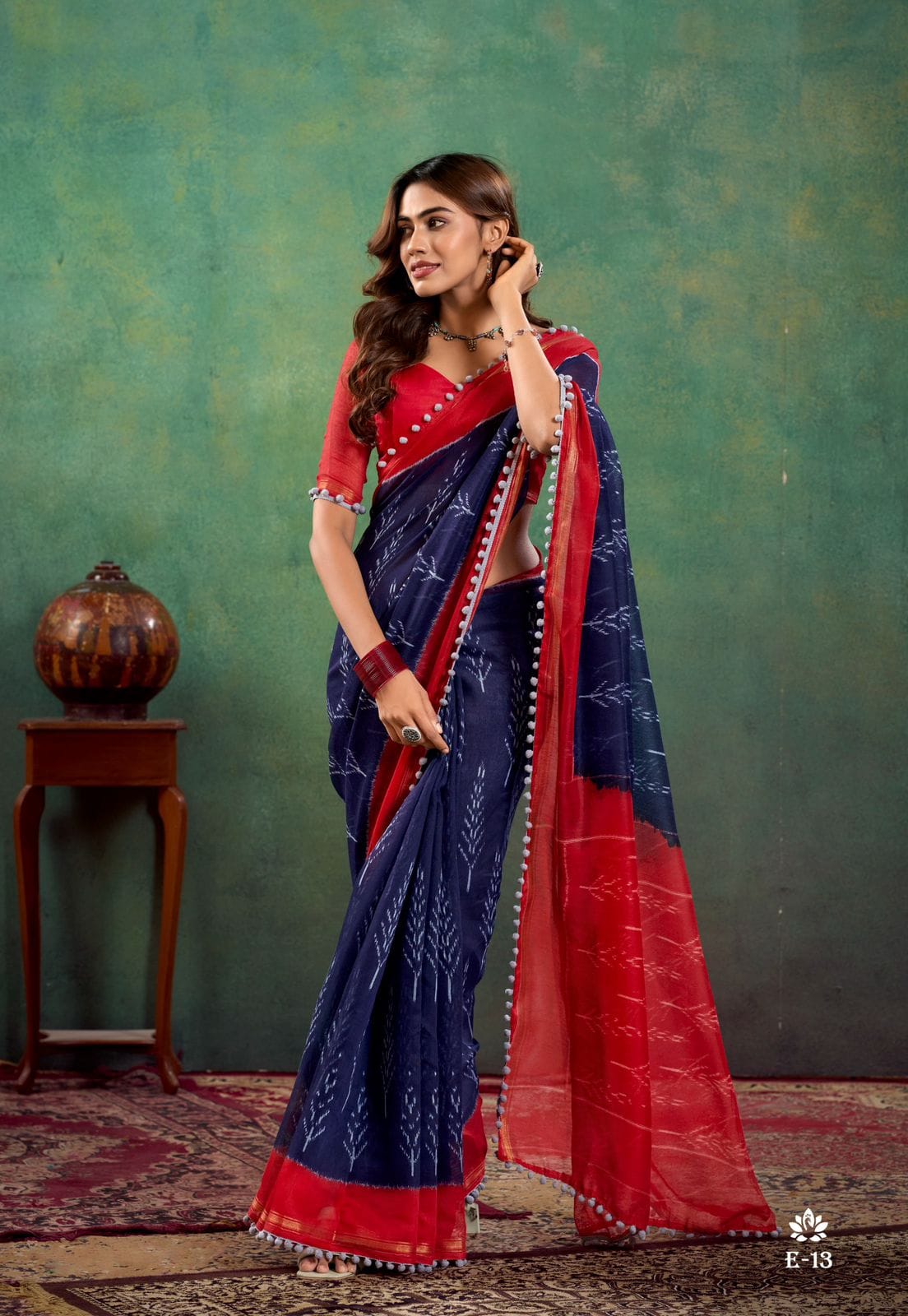 Blue Color Soft Mulmul Cotton Saree With Beautiful Design And Fancy Pom Pom Border