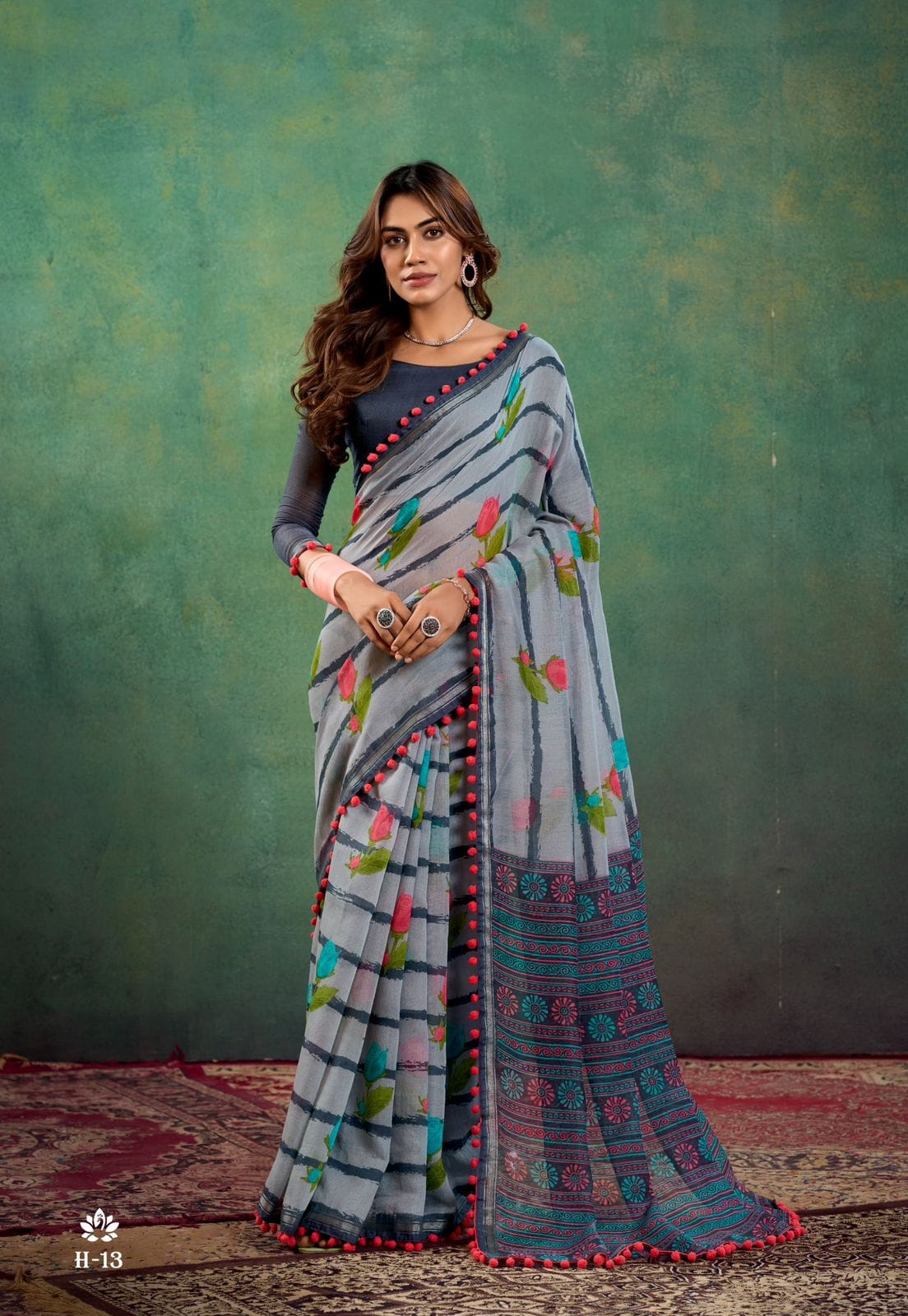 Grey Color Soft Mulmul Cotton Saree With Beautiful Design And Fancy Pom Pom Border