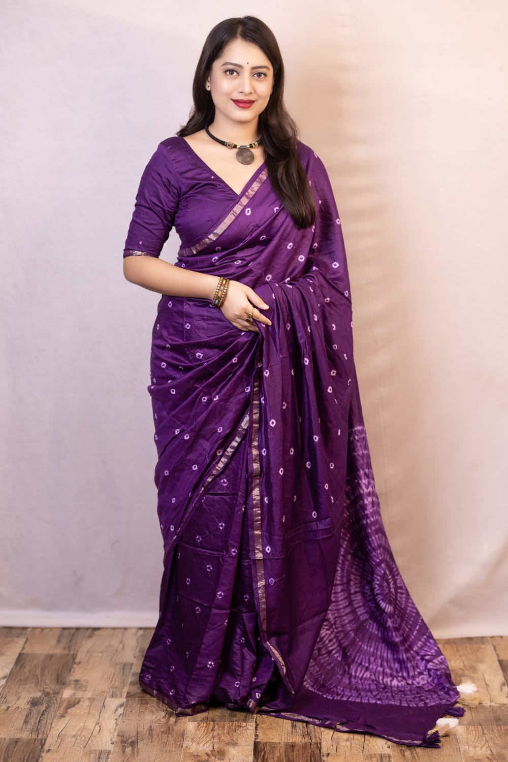 Purple Color Pure Chanderi Cotton Saree With Allover Hand Tied Bandhani And Big Tied Pallu