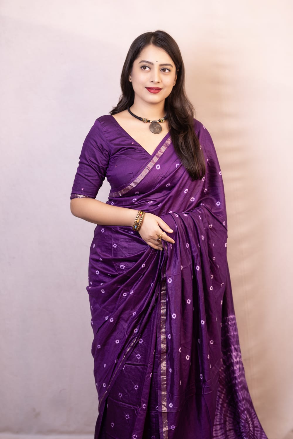 Purple Color Pure Chanderi Cotton Saree With Allover Hand Tied Bandhani And Big Tied Pallu