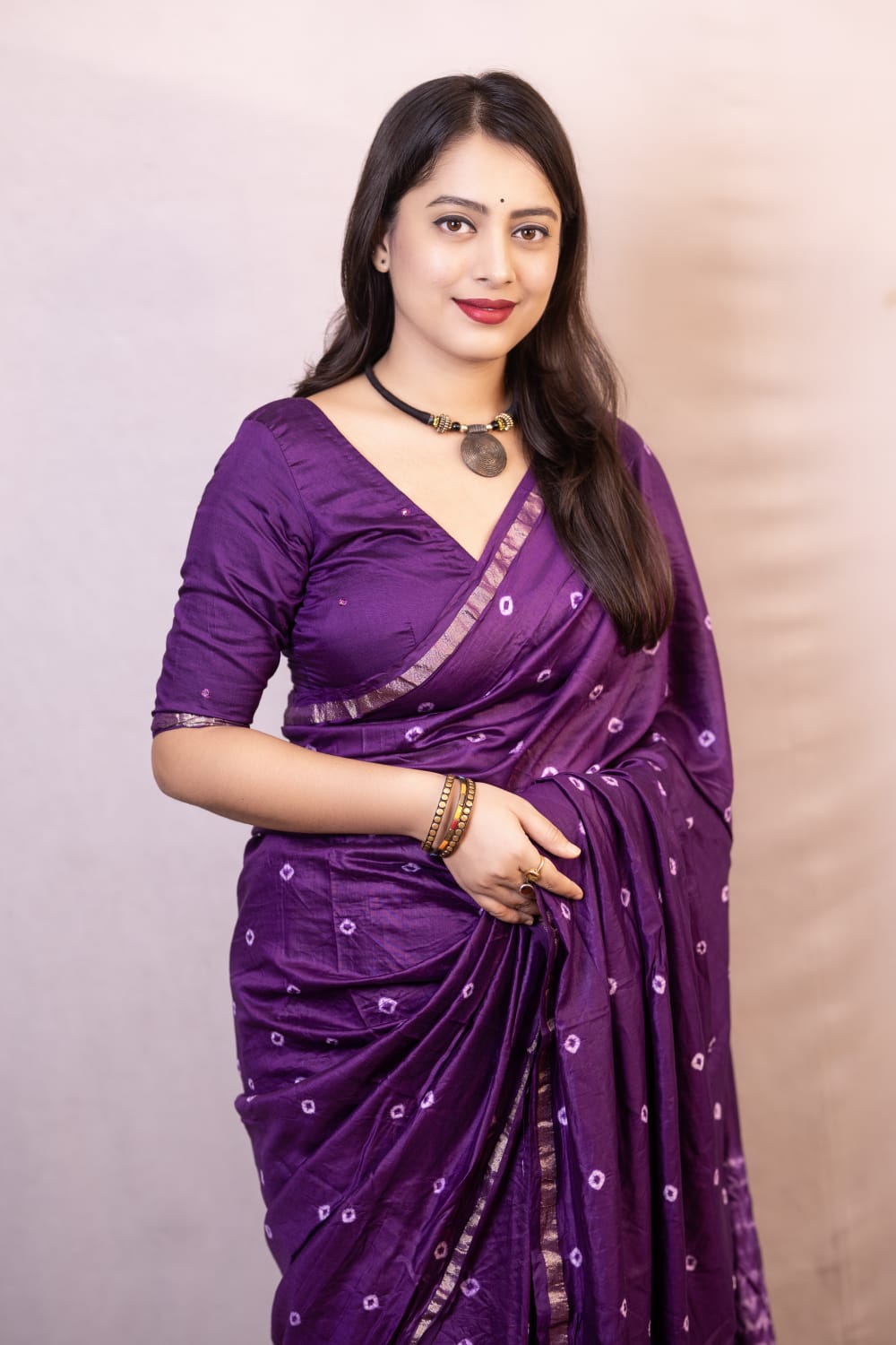 Purple Color Pure Chanderi Cotton Saree With Allover Hand Tied Bandhani And Big Tied Pallu