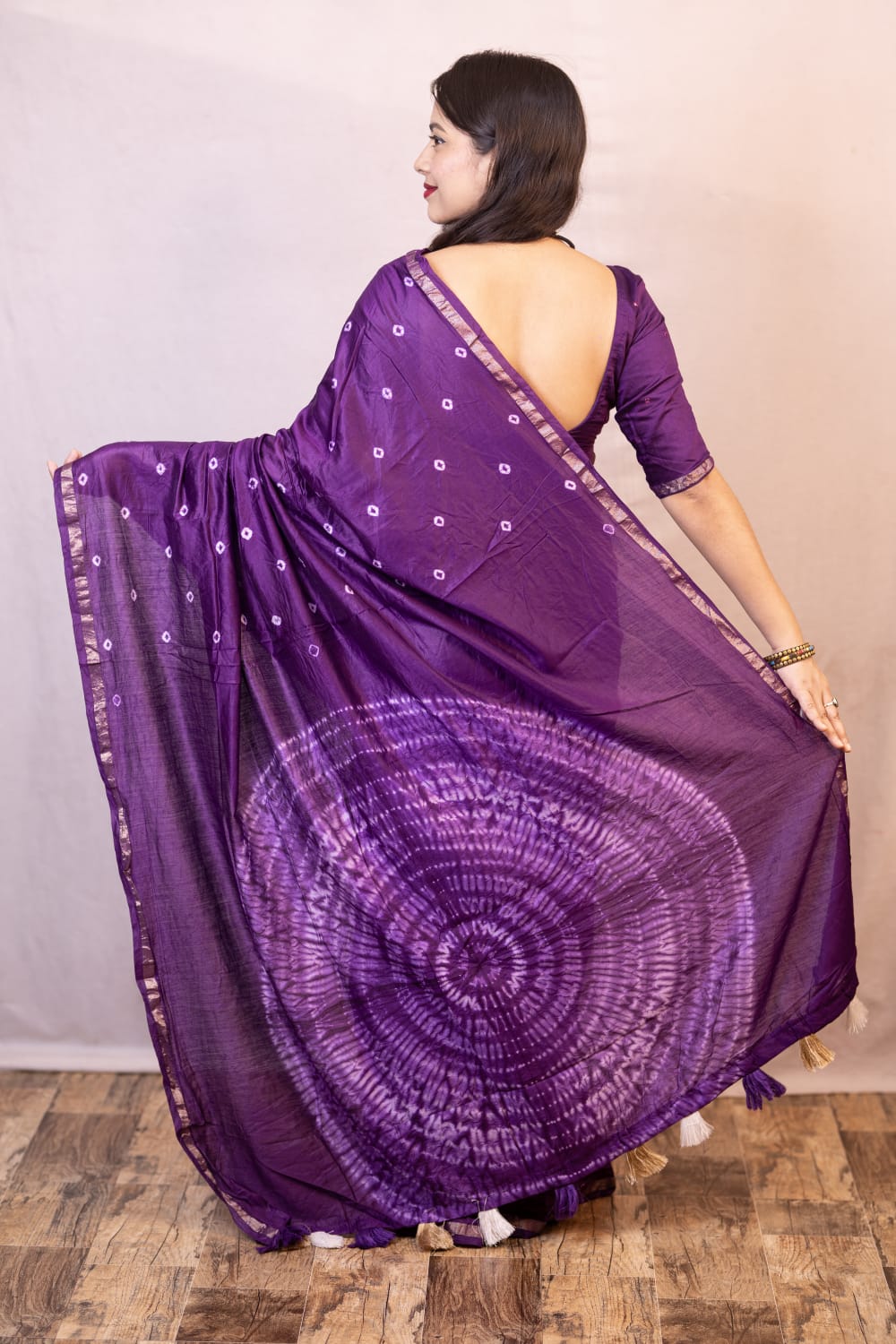 Purple Color Pure Chanderi Cotton Saree With Allover Hand Tied Bandhani And Big Tied Pallu