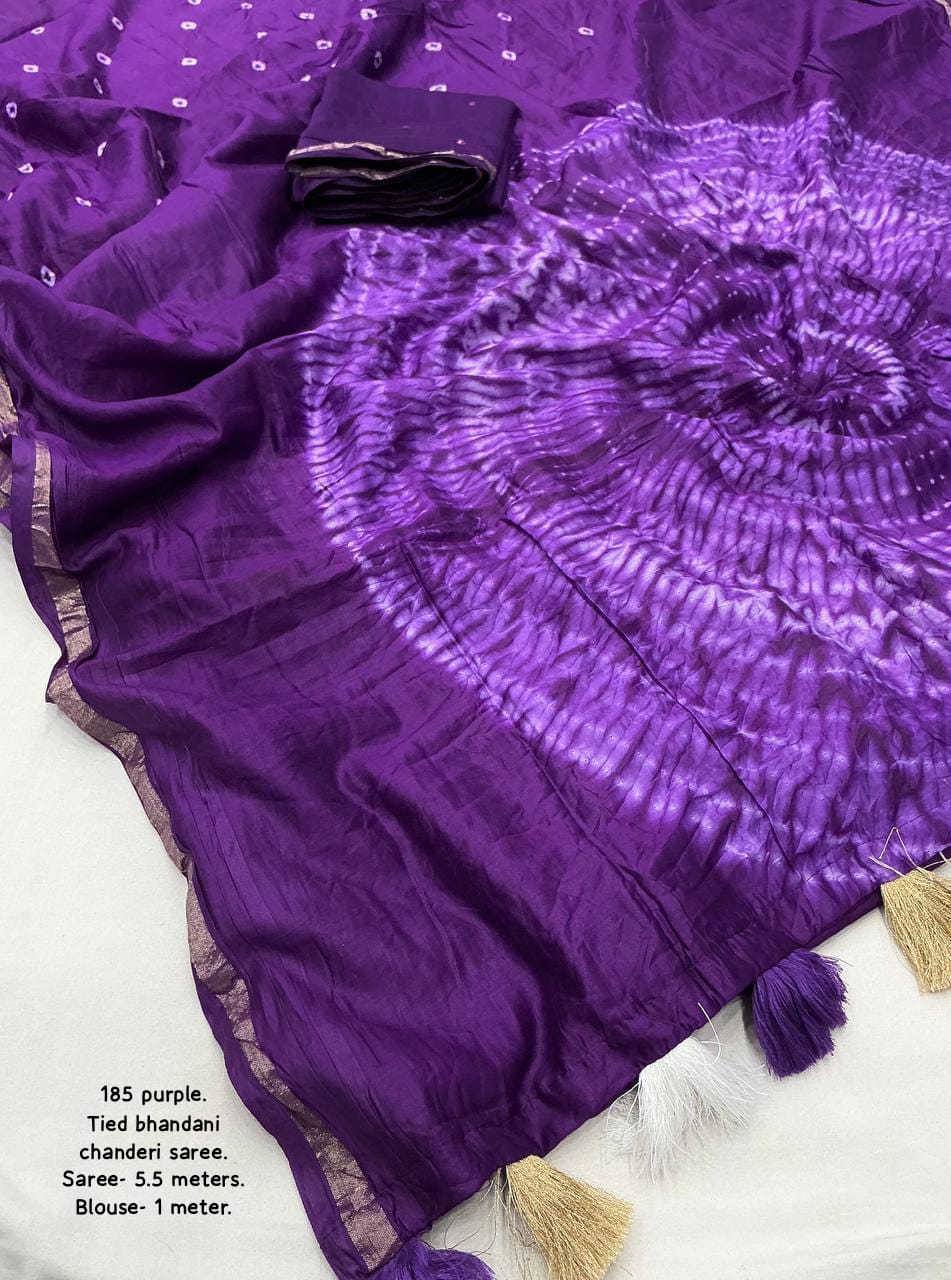 Purple Color Pure Chanderi Cotton Saree With Allover Hand Tied Bandhani And Big Tied Pallu