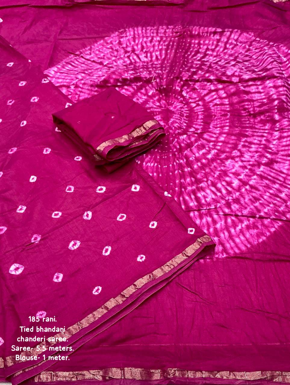 Rani Color Pure Chanderi Cotton Saree With Allover Hand Tied Bandhani And Big Tied Pallu