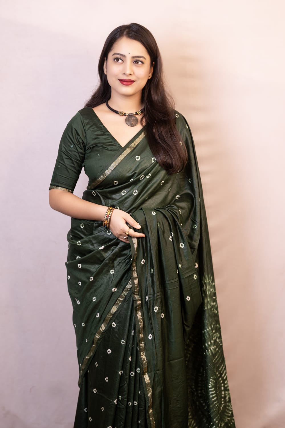 Green Color Pure Chanderi Cotton Saree With Allover Hand Tied Bandhani And Big Tied Pallu