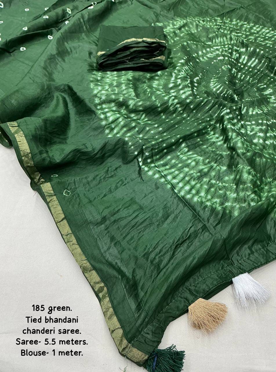 Green Color Pure Chanderi Cotton Saree With Allover Hand Tied Bandhani And Big Tied Pallu