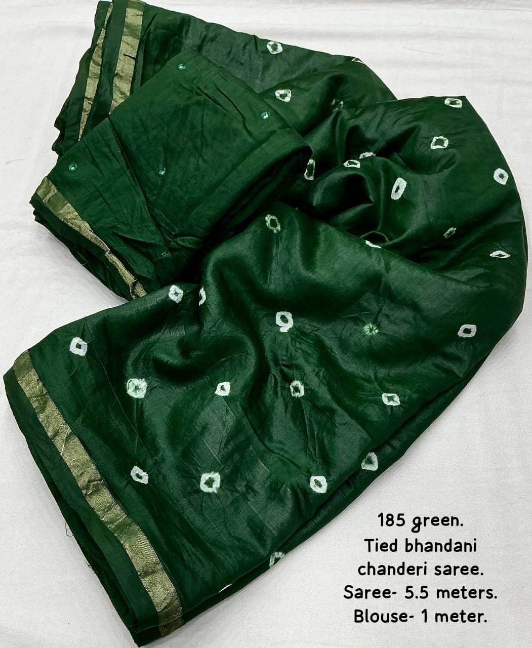 Green Color Pure Chanderi Cotton Saree With Allover Hand Tied Bandhani And Big Tied Pallu