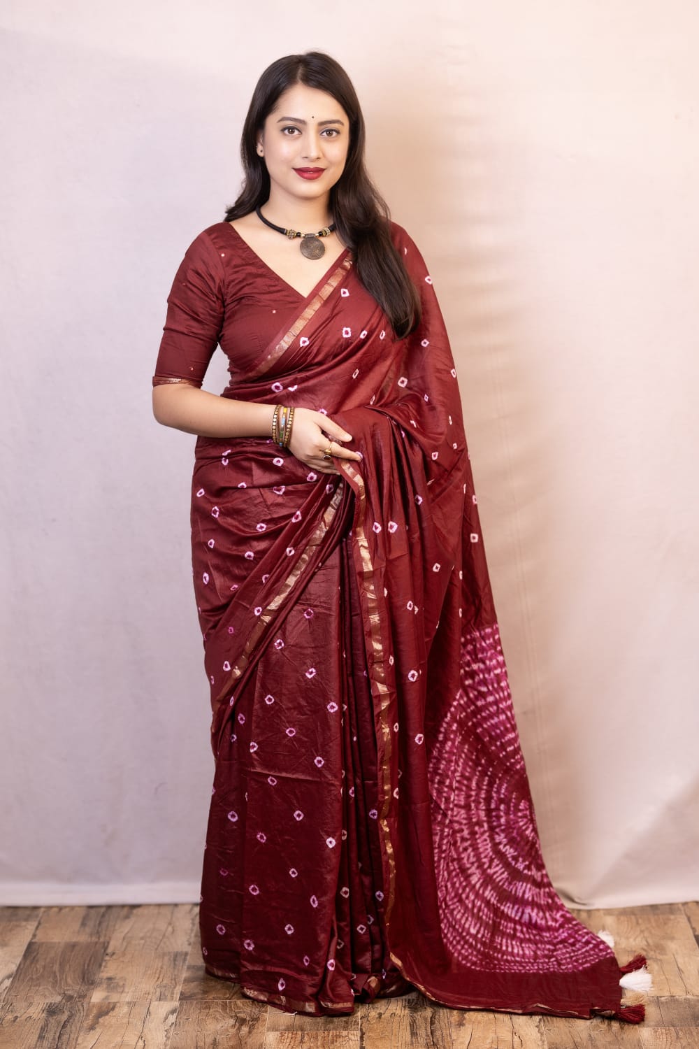 Maroon Color Pure Chanderi Cotton Saree With Allover Hand Tied Bandhani And Big Tied Pallu