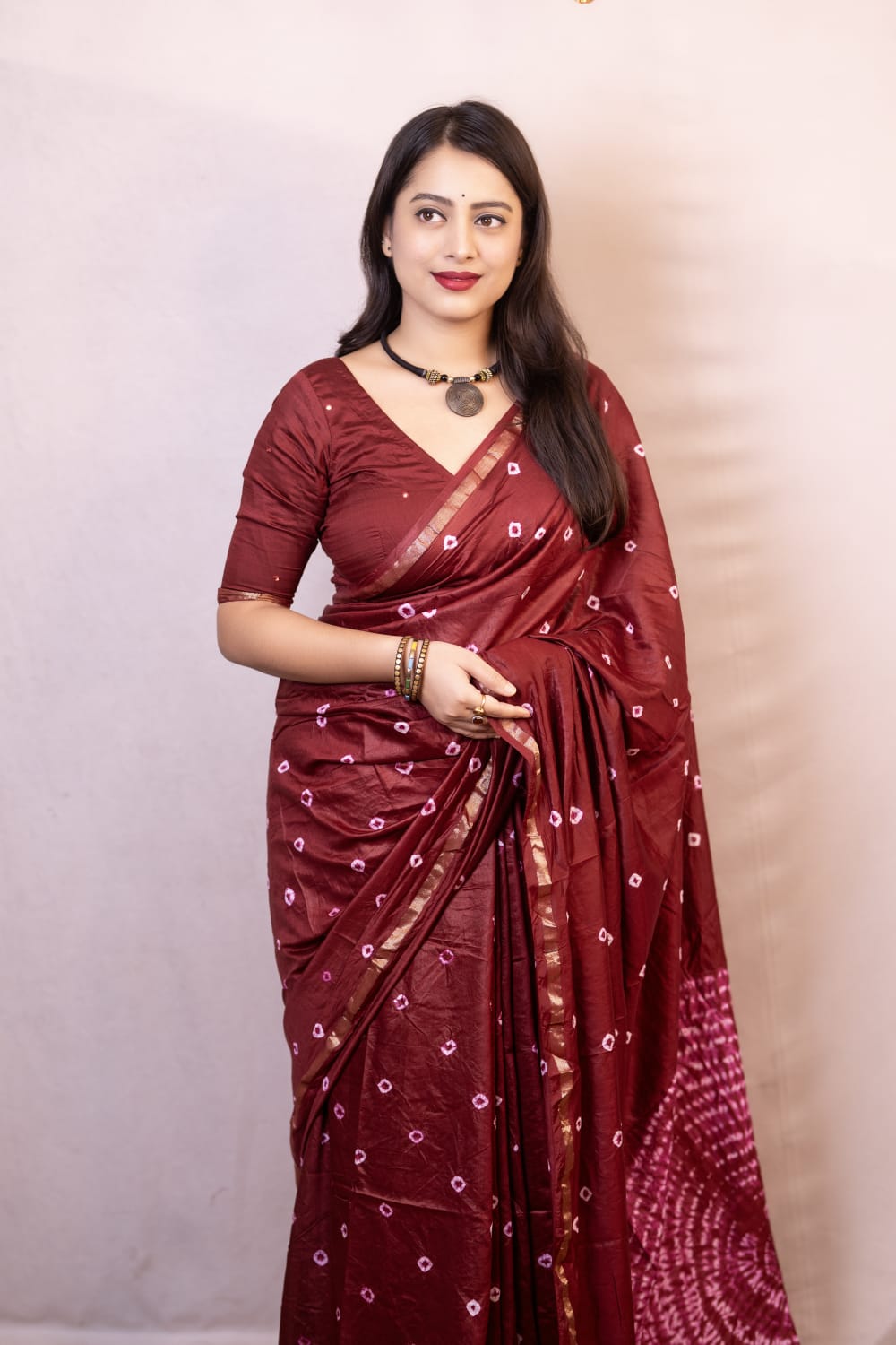 Maroon Color Pure Chanderi Cotton Saree With Allover Hand Tied Bandhani And Big Tied Pallu