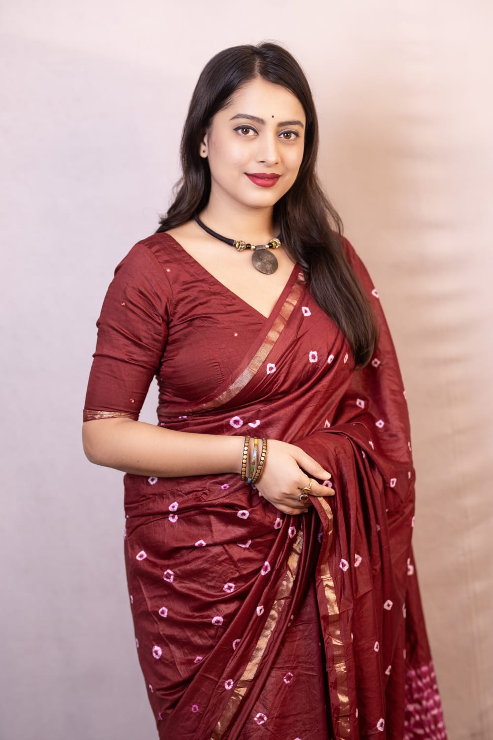 Maroon Color Pure Chanderi Cotton Saree With Allover Hand Tied Bandhani And Big Tied Pallu