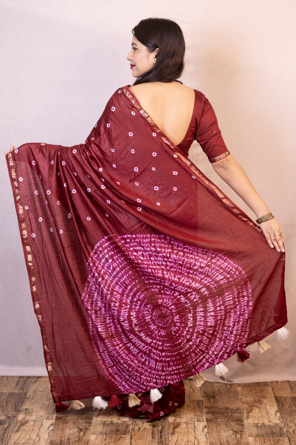 Maroon Color Pure Chanderi Cotton Saree With Allover Hand Tied Bandhani And Big Tied Pallu