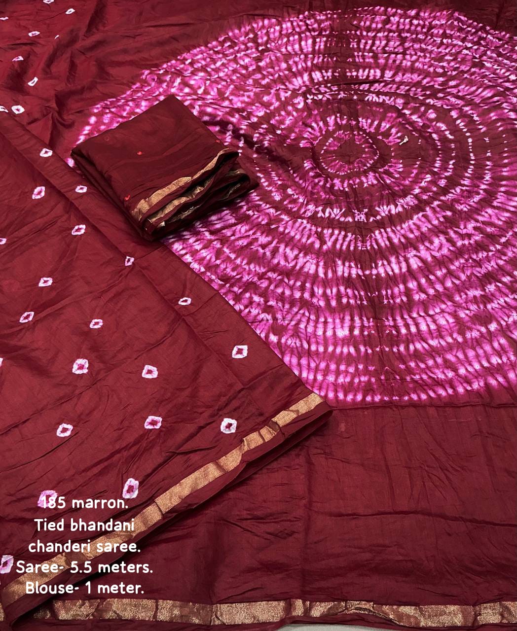 Maroon Color Pure Chanderi Cotton Saree With Allover Hand Tied Bandhani And Big Tied Pallu