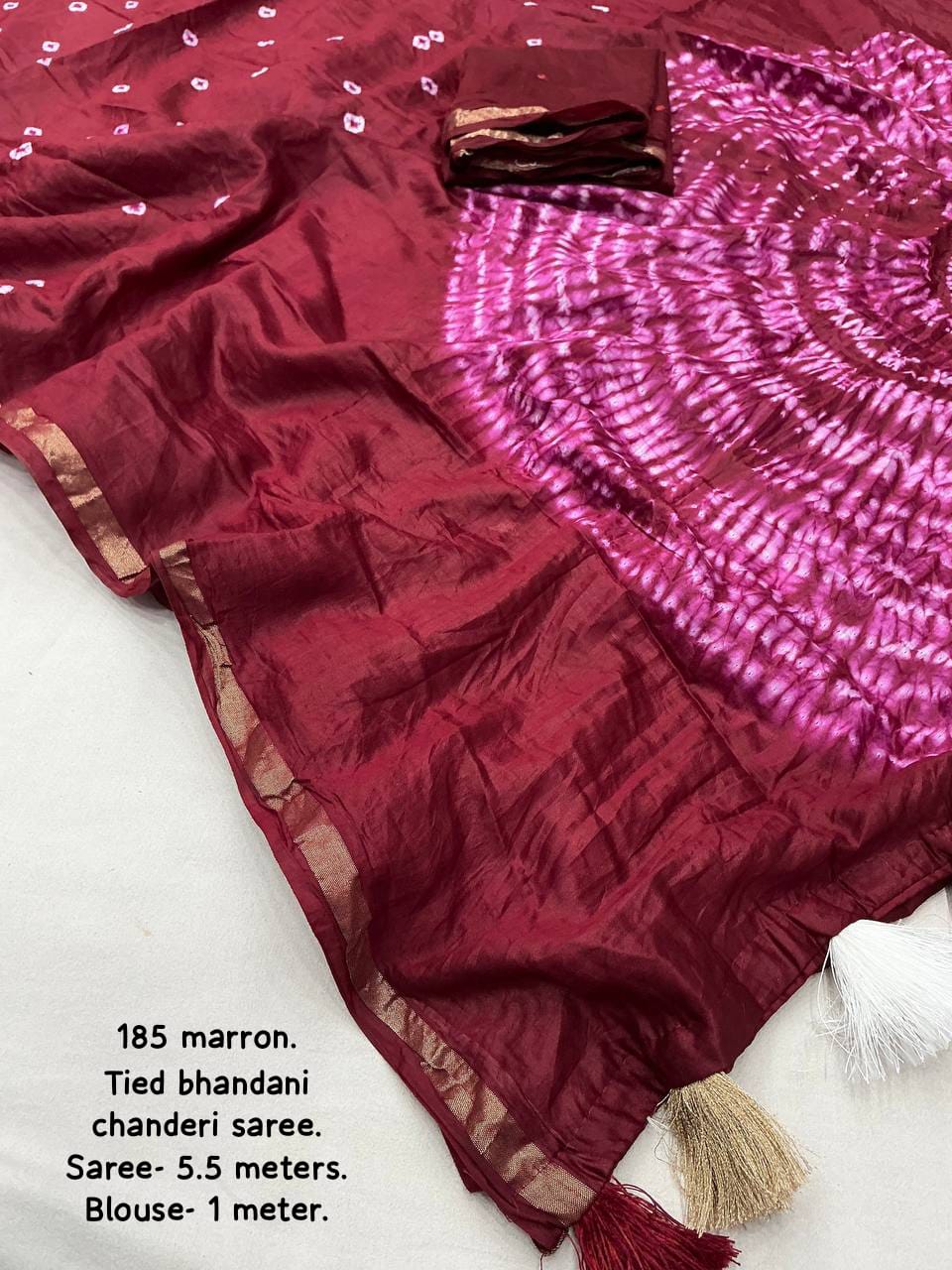 Maroon Color Pure Chanderi Cotton Saree With Allover Hand Tied Bandhani And Big Tied Pallu