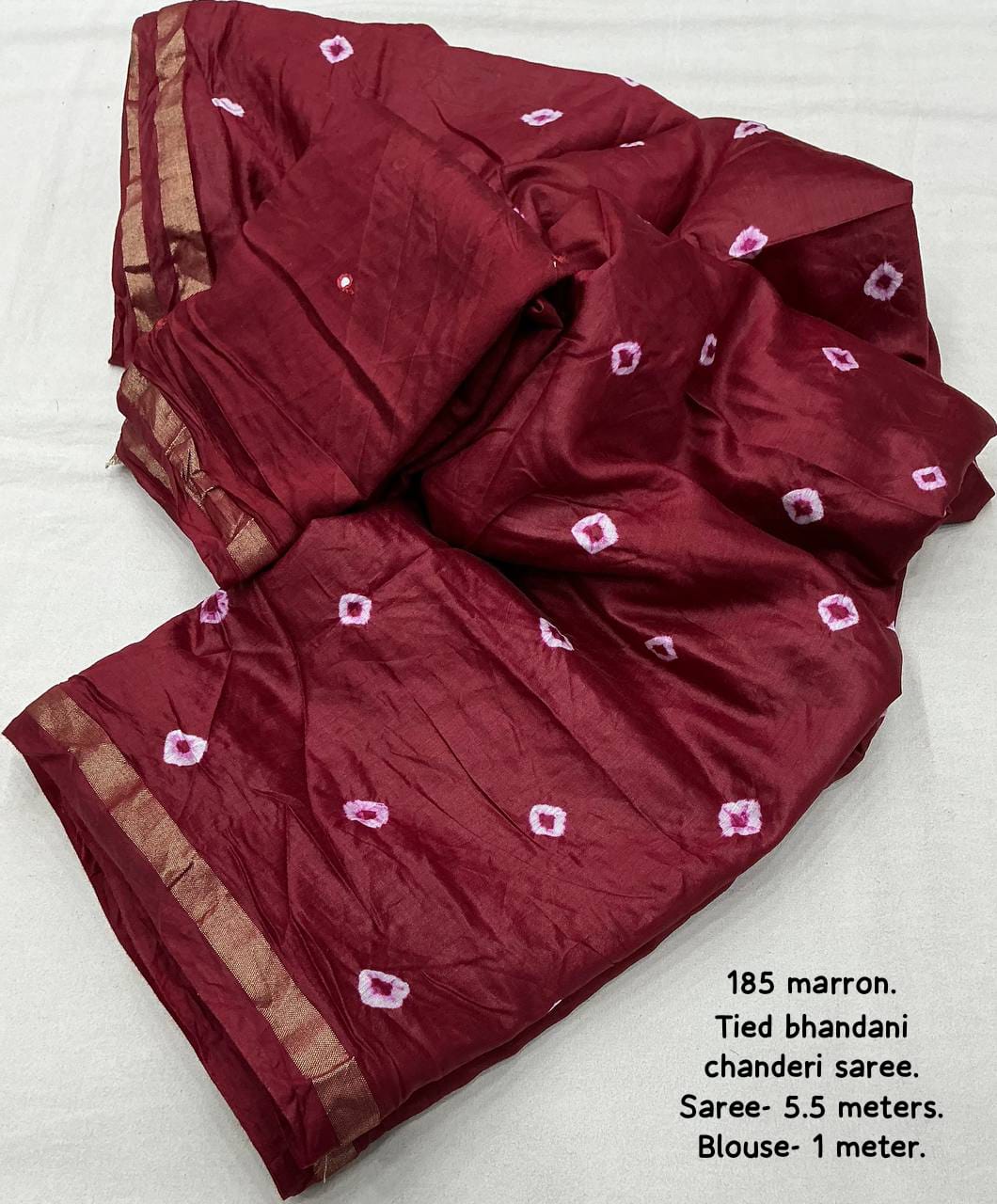 Maroon Color Pure Chanderi Cotton Saree With Allover Hand Tied Bandhani And Big Tied Pallu