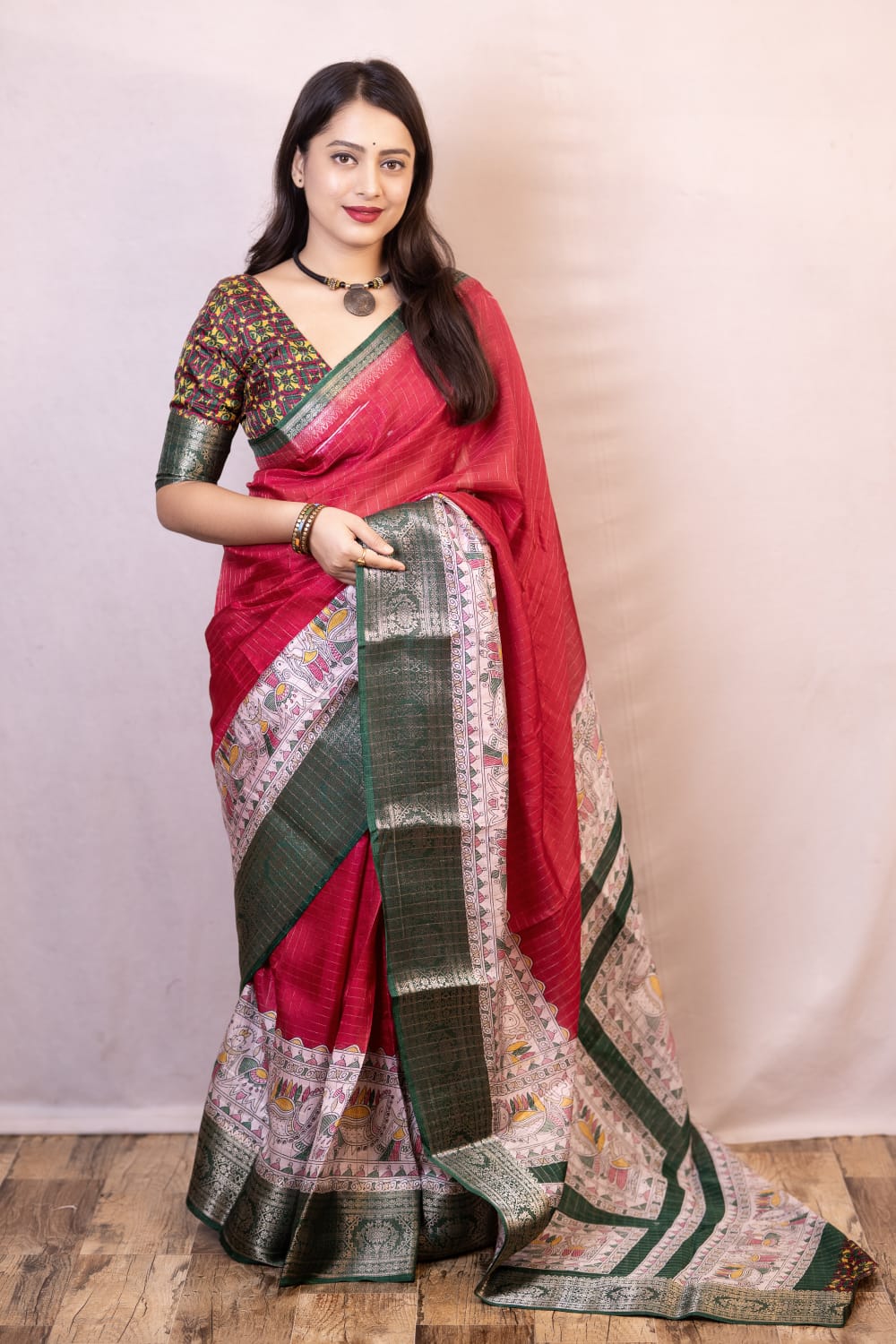 Rani Color Soft Cotton Crape Chex Saree With Zari Woven Jacq Border