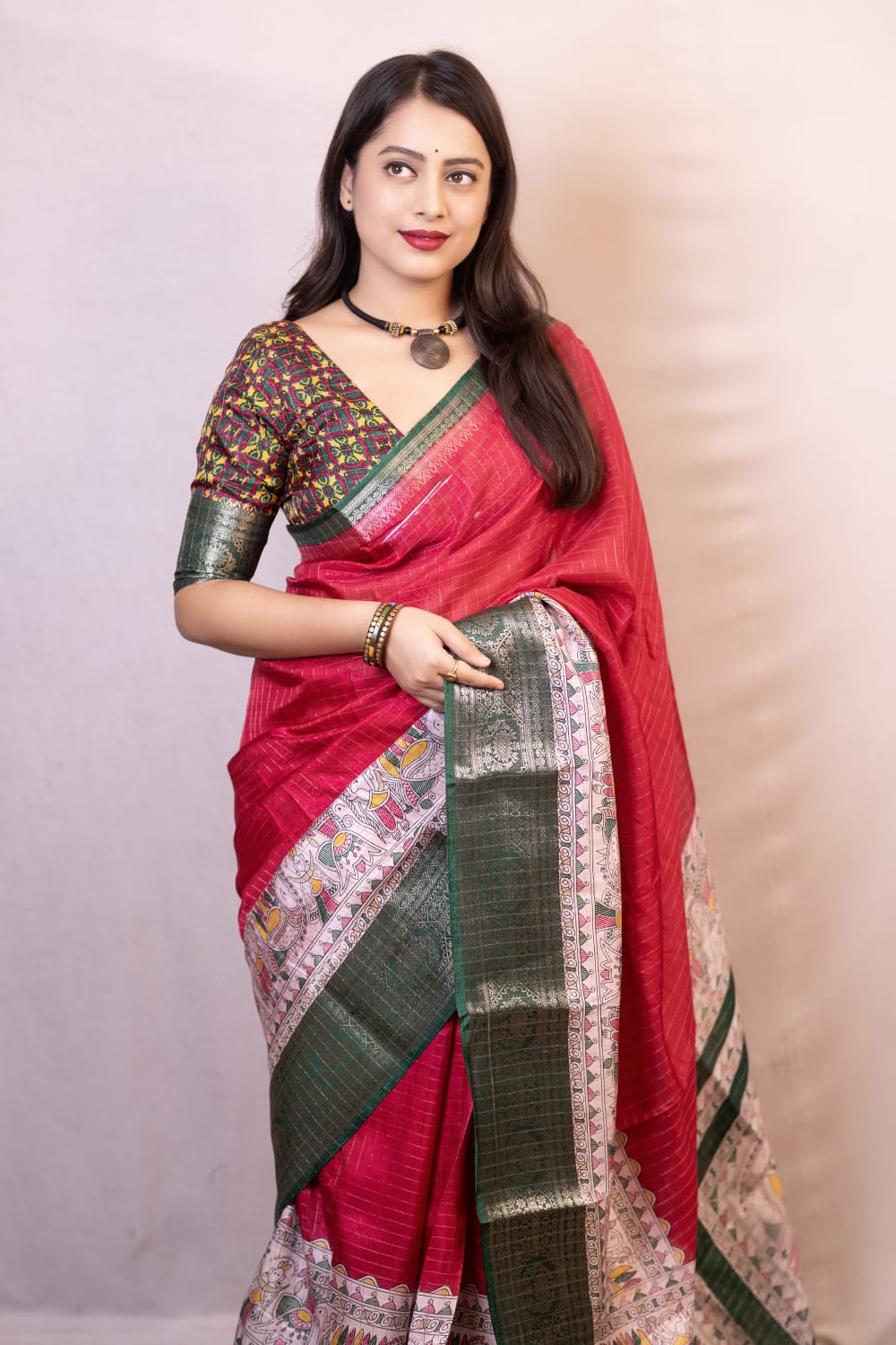 Rani Color Soft Cotton Crape Chex Saree With Zari Woven Jacq Border