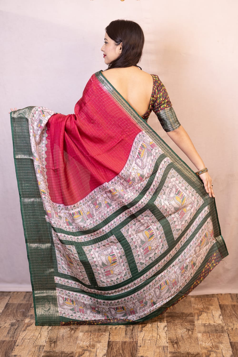 Rani Color Soft Cotton Crape Chex Saree With Zari Woven Jacq Border