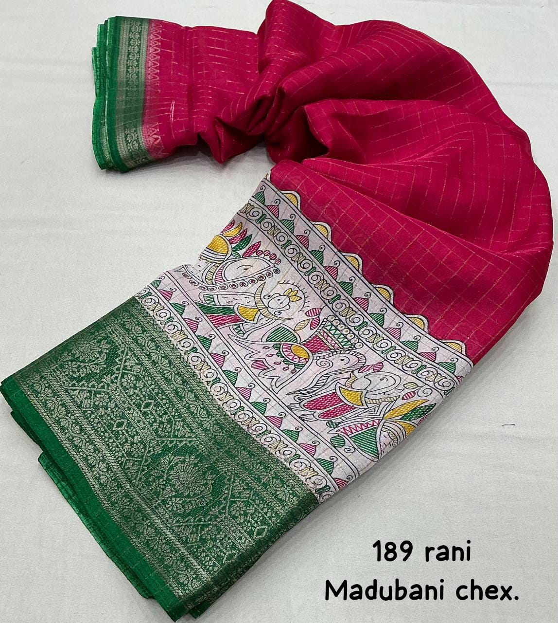 Rani Color Soft Cotton Crape Chex Saree With Zari Woven Jacq Border